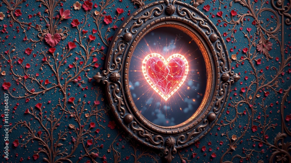 Fototapeta premium Decorative mirror reflecting a glowing heart shape on ornate background with rose petals