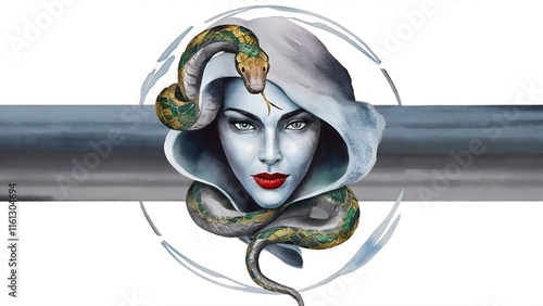 Mystical portrait of a woman with serpent, vibrant and captivating gothic art for prints and covers, posters, fantasy-themed branding, art prints.