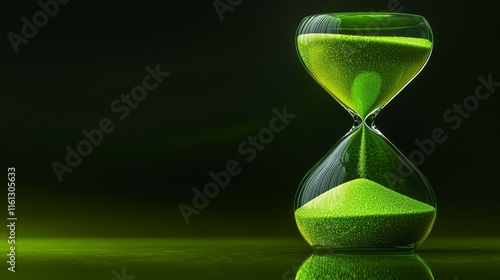 A colorful digital hourglass with bright green sand cascading from the top to the bottom, representing eco-conscious time management and the implementation of efficient sustainable practices photo