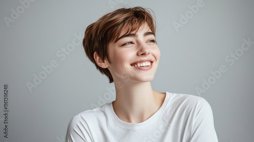 Wallpaper Mural A beautiful European American woman, aged 28, with black hair and a beaming smile, wearing a white V-neck t-shirt, on a white background Torontodigital.ca