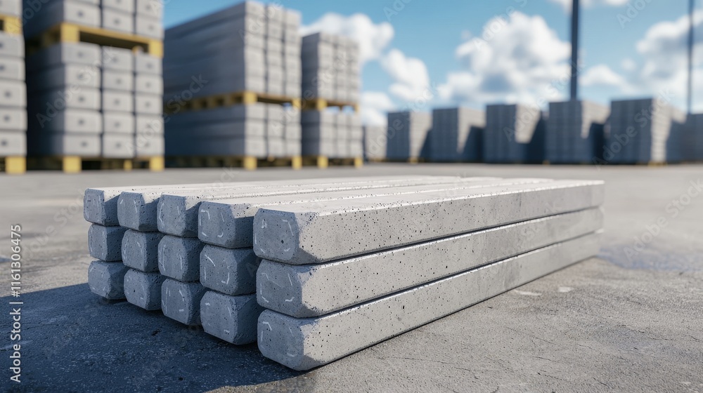 Stacked Concrete Blocks on Industrial Floor Creating a Rugged Urban Atmosphere with Raw Textures and Strong Architectural Elements Depicting Construction Stacked Concrete Blocks on Industrial Floor Creating a Rugged Urban Atmosphere with Raw Textures and Strong Architectural Elements Depicting Construction