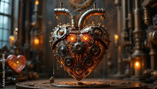 Mechanical heart design with steampunk elements, artistic representation of love and technology photo