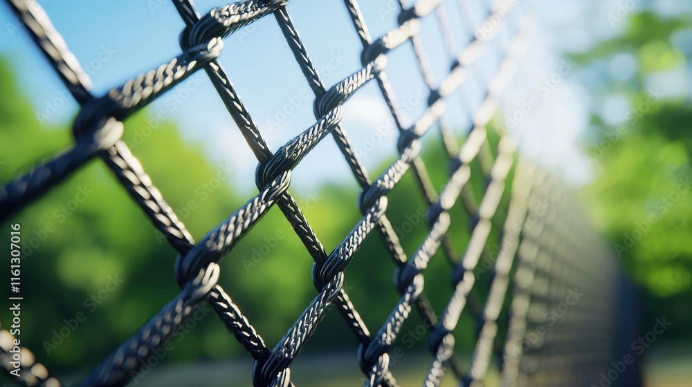 Fototapeta premium Detailed Close-Up of a Chain Link Fence with Textured Surface and Strong Shadows Evoking a Sense of Security and Industrial Aesthetic Outdoors