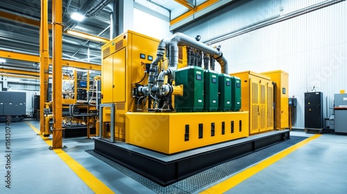 A self-contained diesel generator with a fuel tank and control panel, designed for emergency power, is positioned on a concrete floor in a well-lit indoor area photo