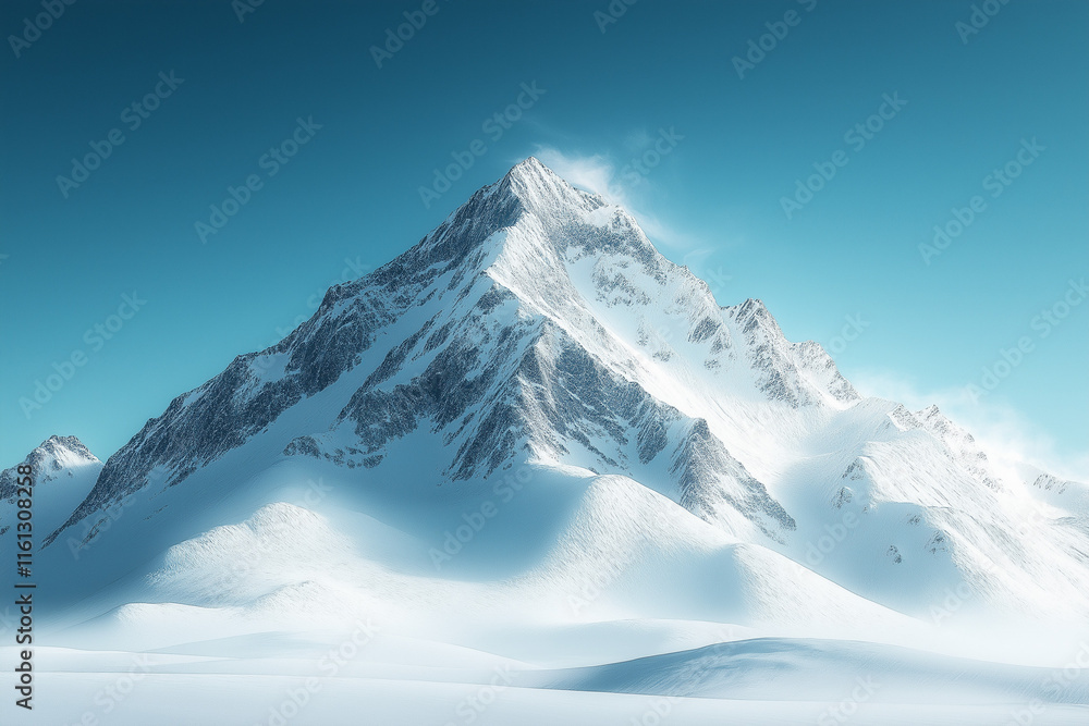 custom made wallpaper toronto digitalPhoto réaliste  d’un sommet majestueux d’une montagne enneigée sous un ciel bleu clair, avec une neige blanche immaculée scintillant au soleil, créant une scène époustouflante de beauté naturelle