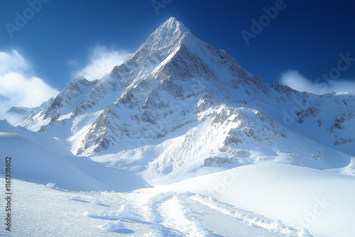 Photo réaliste  d’un sommet majestueux d’une montagne enneigée sous un ciel bleu clair, avec une neige blanche immaculée scintillant au soleil, créant une scène époustouflante de beauté naturelle photo