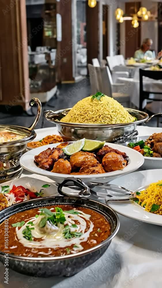 Indian restaurant table featuring refined indian culinary presentation, showcasing traditional gourmet dishes. Indian restaurant table featuring refined indian culinary presentation, showcasing traditional gourmet dishes.