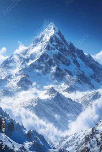 Photo réaliste  d’un sommet majestueux d’une montagne enneigée sous un ciel bleu clair, avec une neige blanche immaculée scintillant au soleil, créant une scène époustouflante de beauté naturelle photo