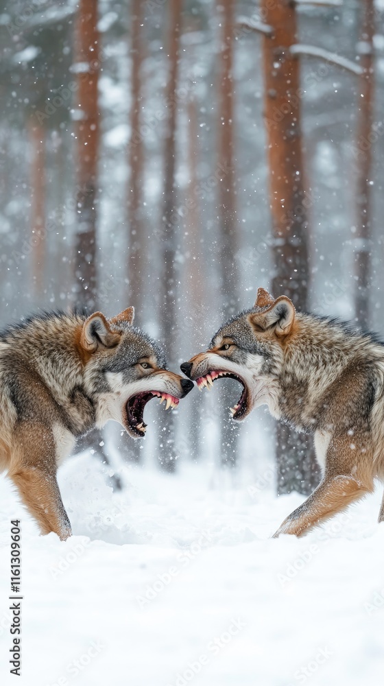 Naklejka premium Two wolves facing each other in a snowy forest, showcasing a dramatic standoff.