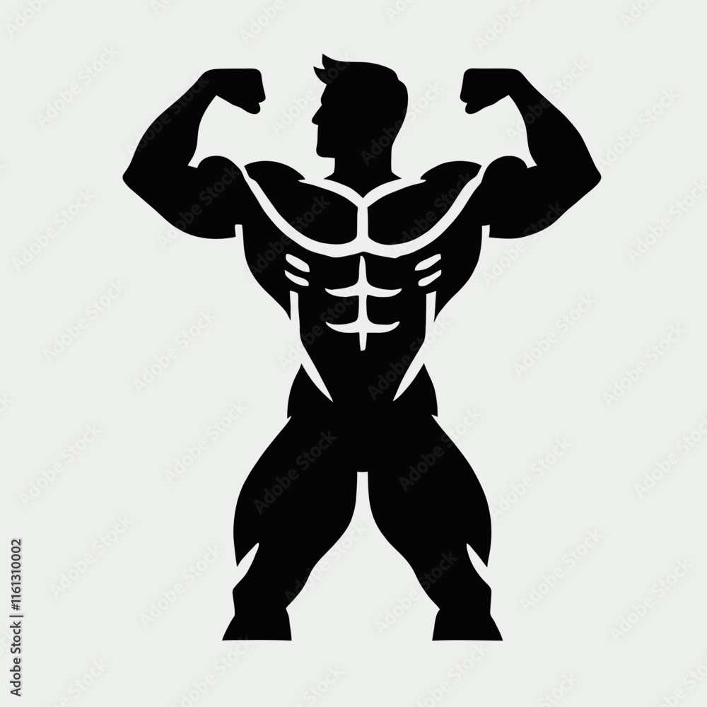 very simple, flat, and minimalist bodybuilder silhouette in black color on a white background very simple, flat, and minimalist bodybuilder silhouette in black color on a white background