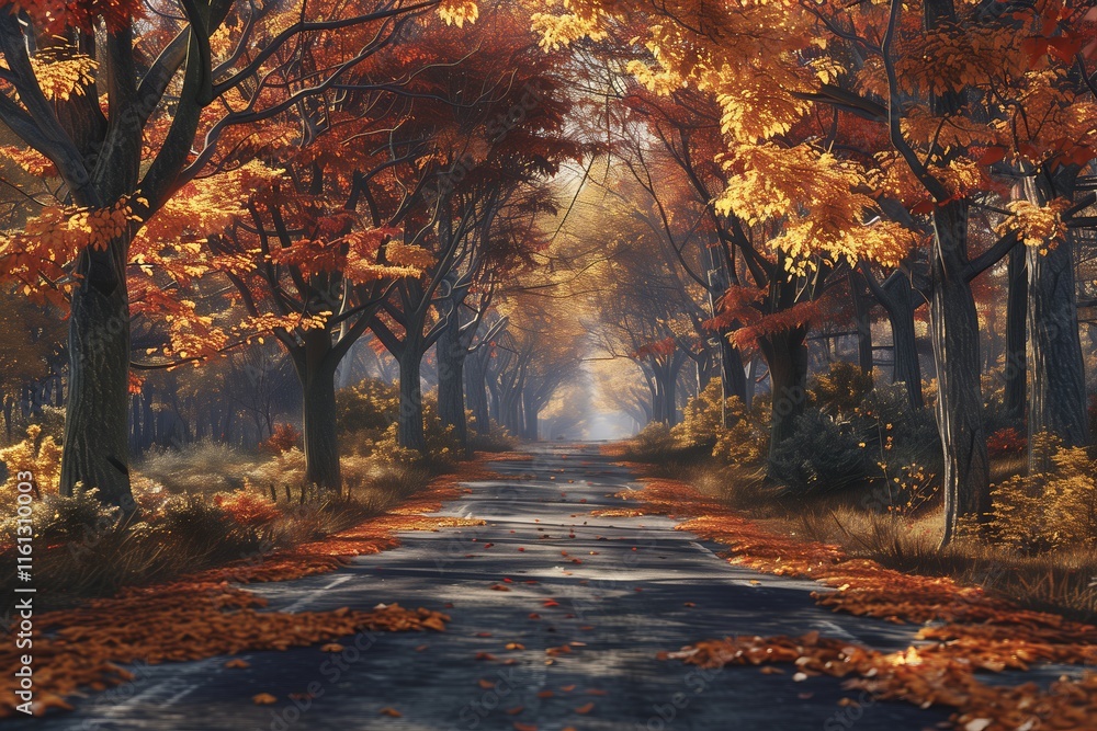 A serene autumn scene with vibrant foliage lining a quiet road, evoking the beauty of nature in fall. A serene autumn scene with vibrant foliage lining a quiet road, evoking the beauty of nature in fall.
