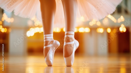 A graceful ballet dancer on pointe wearing satin shoes and a flowing tutu, illuminated by soft, warm lights