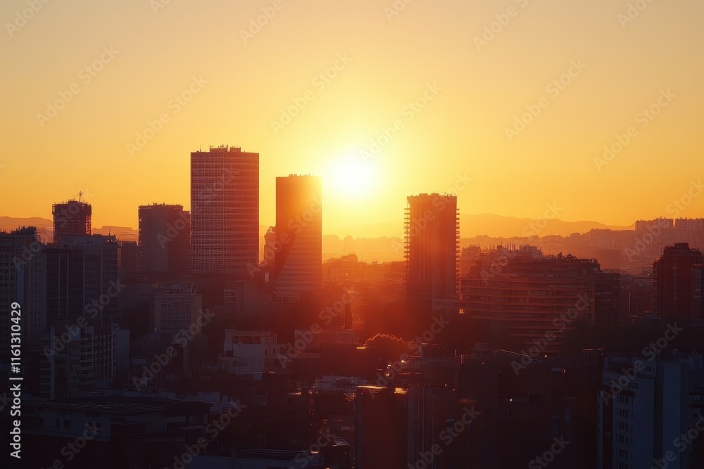 Fototapeta premium A bright sunrise casts a warm golden glow over a city skyline, highlighting tall buildings silhouetted against the vibrant sky. The peaceful morning invites a new day.