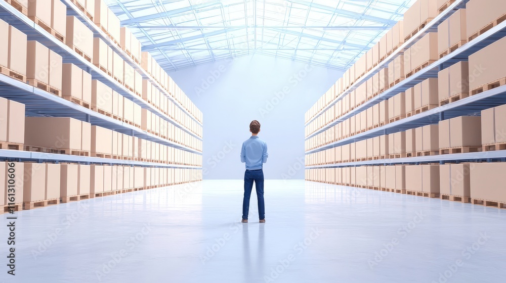 Fototapeta premium A diligent warehouse worker organizing items on high shelves in a spacious industrial storage room creating a productive and efficient atmosphere