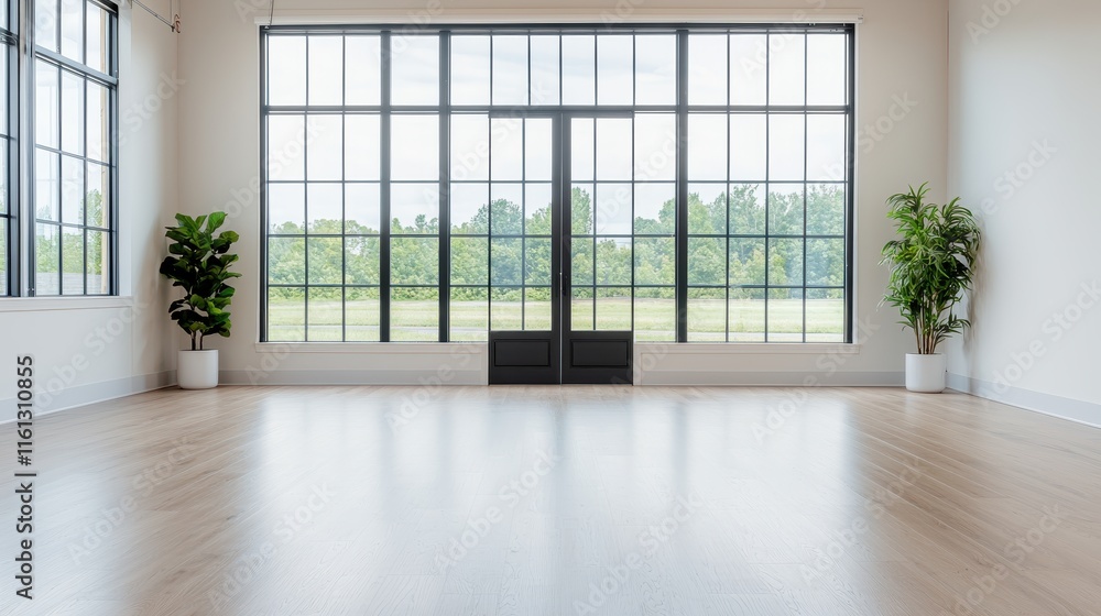 A bright, open space with large windows, plants, and wooden flooring, creating a serene atmosphere with views of greenery outside. A bright, open space with large windows, plants, and wooden flooring, creating a serene atmosphere with views of greenery outside.
