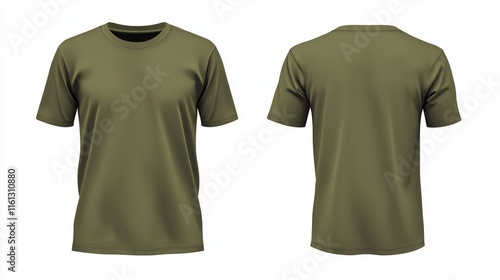 A mockup template of a military green short-sleeve crew neck t-shirt, showcasing front and back views, isolated on a white background, ideal for apparel design and branding photo