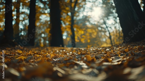 A peaceful autumn path with golden leaves and sunlight filtering through the trees, inviting a serene outdoor experience.