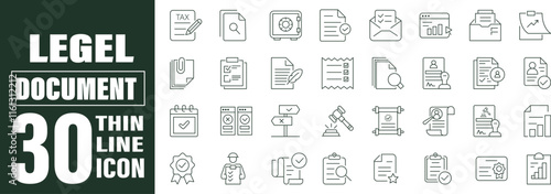 Legel Document icons Set. Document linear icons collection, related passport, contract, agreement, ID card, certificate, license, law, justice, accept, approved, much more. Editable Stroke