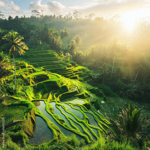 Lush Green Landscape Terraced Rice Fields Backligh photo