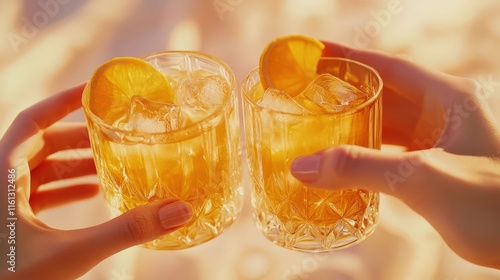 Cheers to the Sunset: Two Glasses of Refreshing Drink with Ice and Citrus Garnish