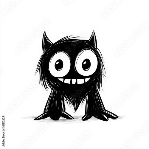 Charming Black and White Drawing of a Playful Cat with Exaggerated Features Capturing Whimsy and Humor in a Simple Artistic Style photo