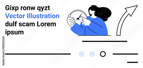 Woman in blue coat holding steering wheel, curved arrow, text blocks. Ideal for navigation, direction, travel, guidance, user interface, driving apps, automotive. Landing page