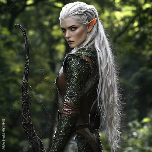A highly detailed and realistic portrait of an elven warrior standing tall in a mystical forest

