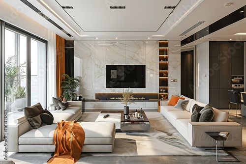 Modern penthouse living room designer interior in arab style with pastel shade color, created, wall art, sofa with fireplace, marble wall, designer room.