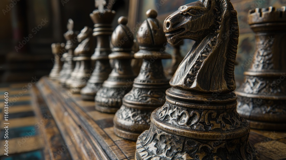 Intricate Bronze Chess Pieces on Antique Board Intricate Bronze Chess Pieces on Antique Board