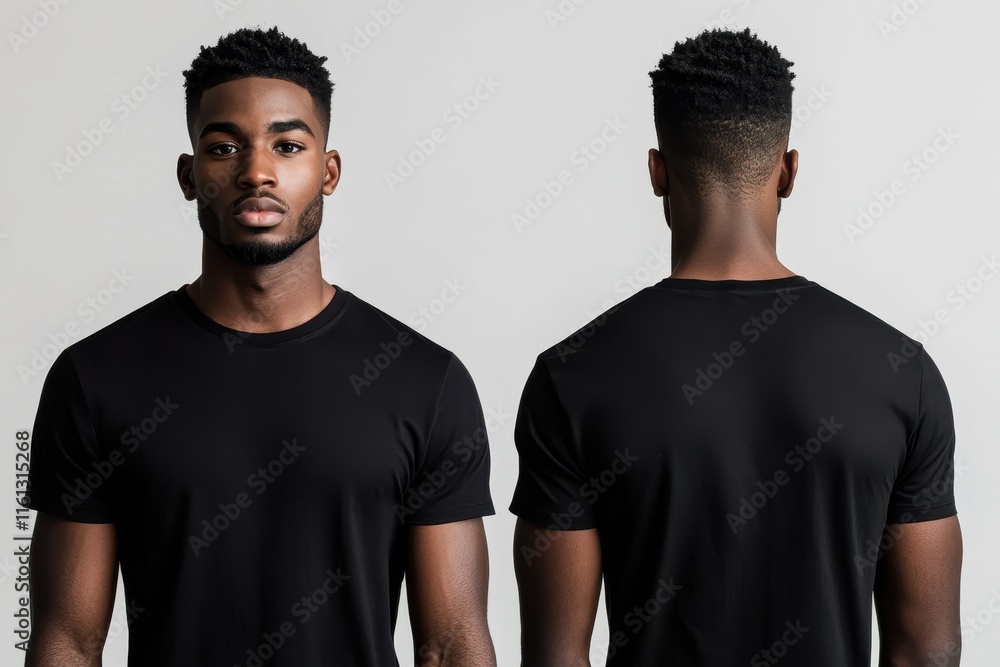 A male model poses in a black t-shirt, facing both front and back. The neutral background enhances the simplicity of the design, highlighting the fit and style. A male model poses in a black t-shirt, facing both front and back. The neutral background enhances the simplicity of the design, highlighting the fit and style.