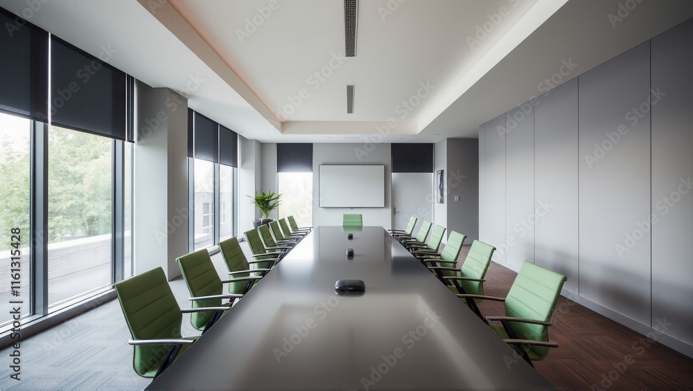 A modern conference room with a long white table, green chairs, large windows with natural light, and a serene view of a tree outside, creating a professional and inviting space. Generative, AI, A modern conference room with a long white table, green chairs, large windows with natural light, and a serene view of a tree outside, creating a professional and inviting space. Generative, AI,