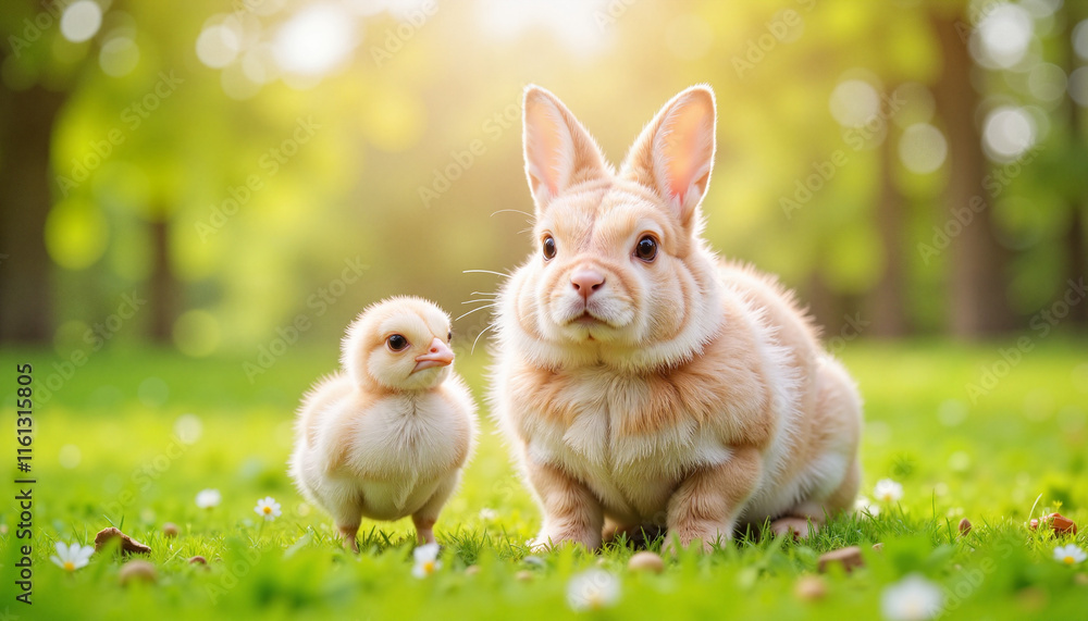 Bunny and chick enjoying a sunny meadow, friendship and innocence Bunny and chick enjoying a sunny meadow, friendship and innocence