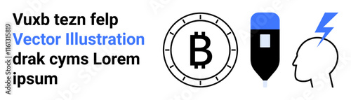 Bitcoin symbol, VR headset, head silhouette with lightning bolt, and text elements. Ideal for technology, cryptocurrency, VR, AI, fintech, digital innovation, education themes. Landing page