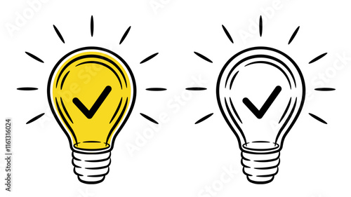 Light bulb with checkmark, creative idea, success solution check mark, quick tips line icon. Electric lightbulb, approved tick. Good choice confirmation. Important fact, innovation information. Vector