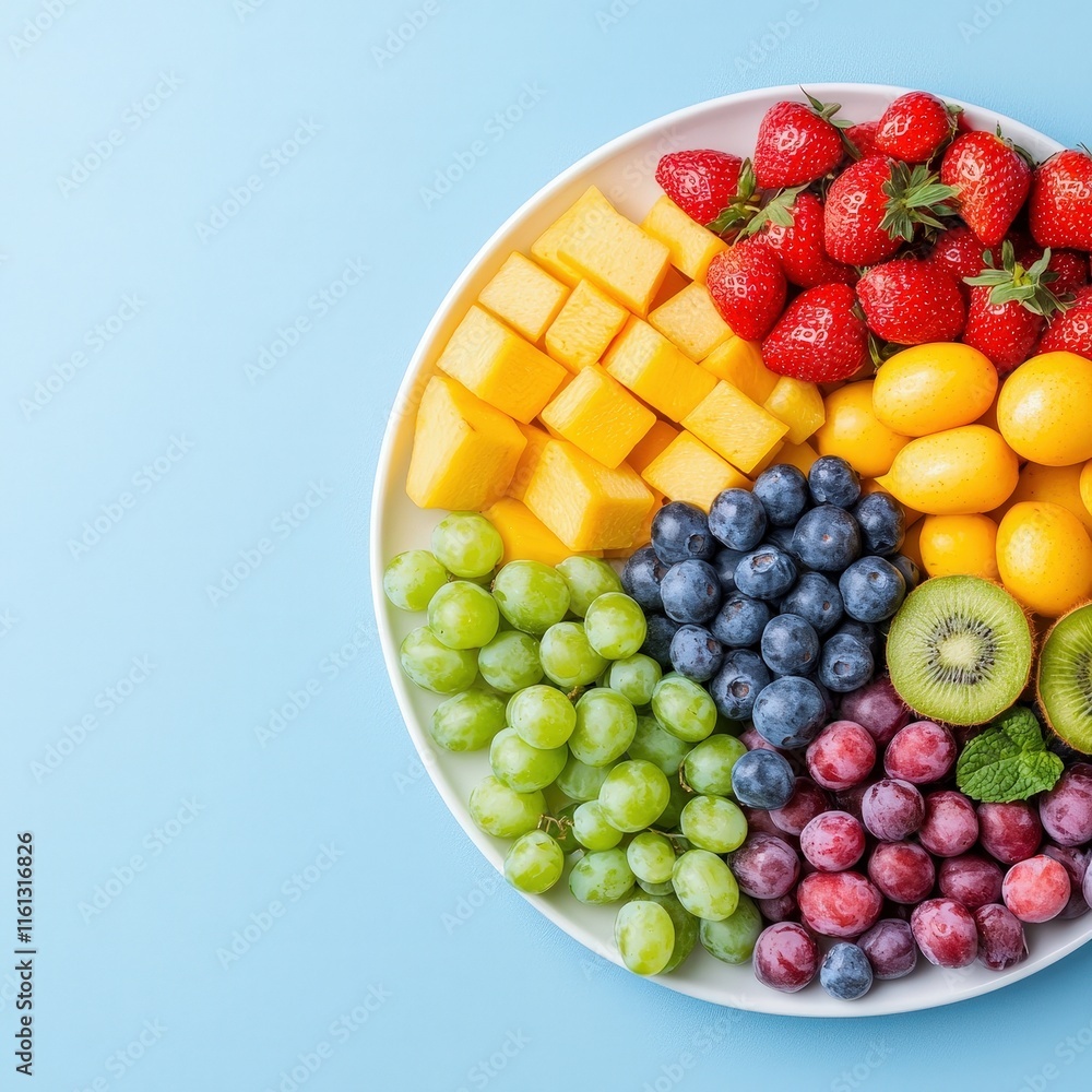 Vibrant Plate of Fresh Fruit Surrounded by Bright Blue Background Creating a Cheerful and Healthy Snack Display Perfect for Any Occasion Vibrant Plate of Fresh Fruit Surrounded by Bright Blue Background Creating a Cheerful and Healthy Snack Display Perfect for Any Occasion