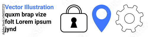 Padlock for security, blue location pin for navigation, gear icon for settings. Ideal for security, navigation, technology, service, privacy GPS and application settings. Landing page