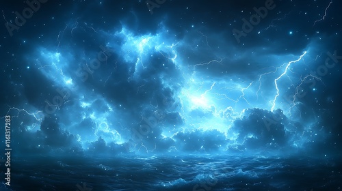 Majestic lightning illuminating an electric blue sky over a tranquil ocean