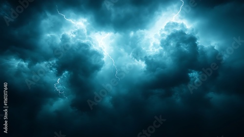 Dramatic thunderstorm illuminates the night sky with flashes of electric blue lightning