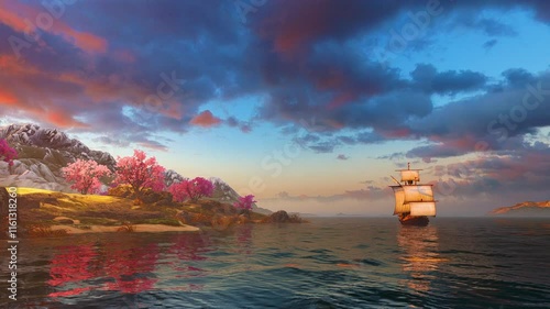 An old sailing ship near a new continent. Illustration on travel, transport and history.