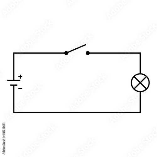 Simple electric circuit diagram. Battery, switch, wire and light bulb.