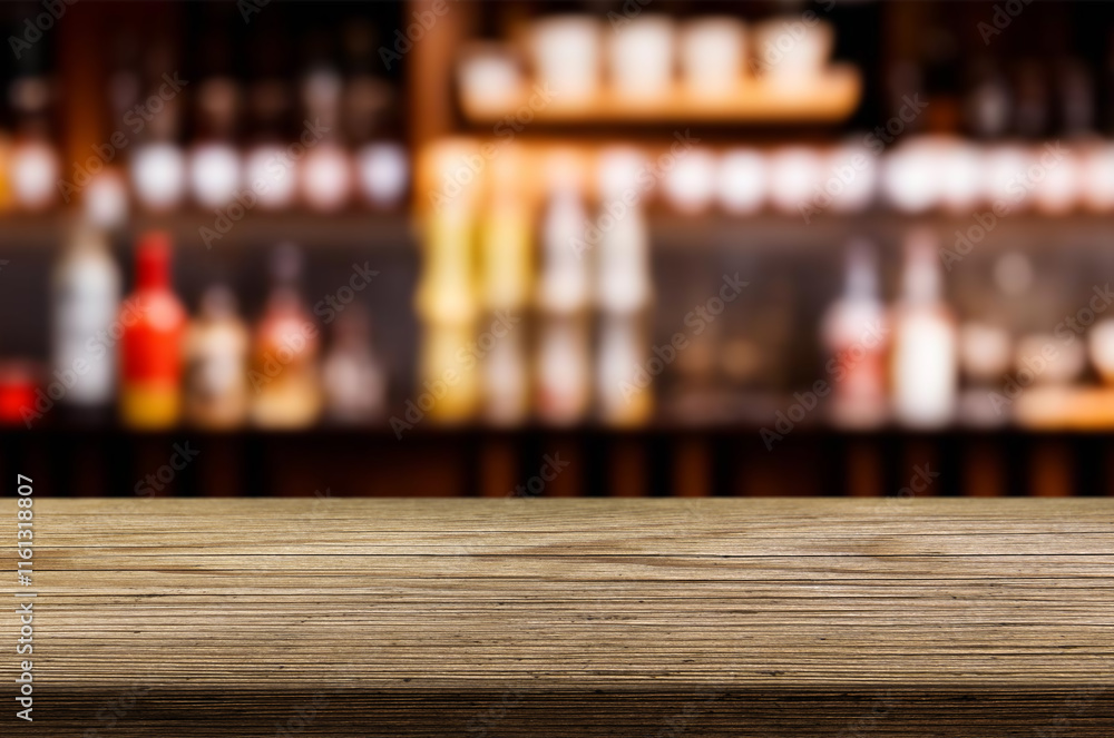 wooden table for placing products with a beautiful night restaurant backdrop, Space for placing items on the table, product and food display. wooden table for placing products with a beautiful night restaurant backdrop, Space for placing items on the table, product and food display.