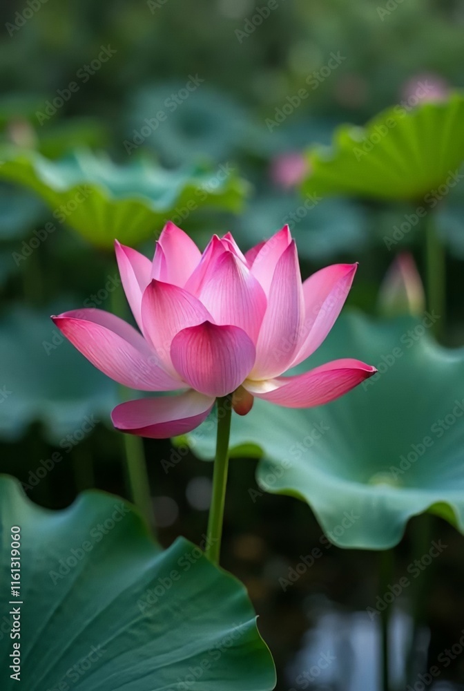 Fototapeta premium a lush lotus pond, a beautiful lotus flower in full bloom, detailed petals, serene water, natural lighting, vibrant colors, calming atmosphere, detailed textures, photo-realistic