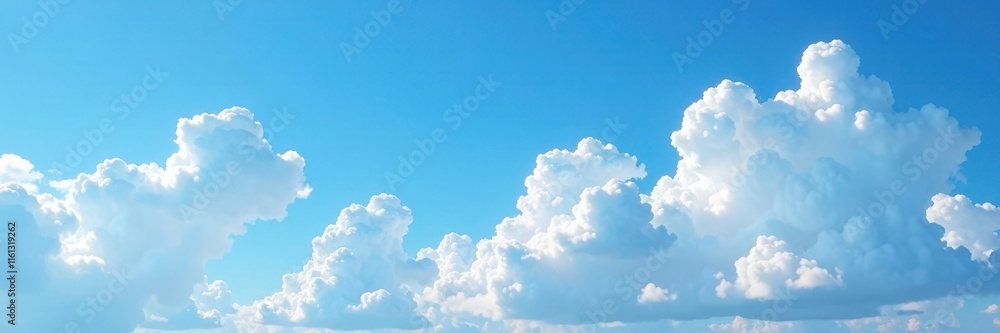 Fluffy white cumulus clouds drift across a vibrant blue summer sky , photo, background Fluffy white cumulus clouds drift across a vibrant blue summer sky , photo, background