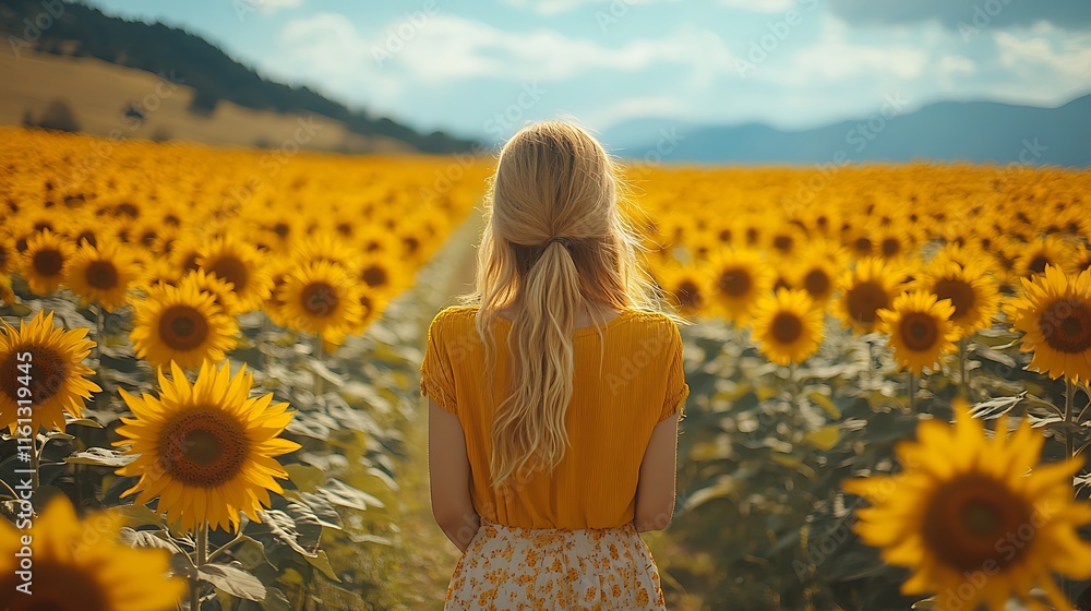 Scenic Showcasing Sunflower Field Path Beneath Bright Blue Sky Background Scenic Showcasing Sunflower Field Path Beneath Bright Blue Sky Background