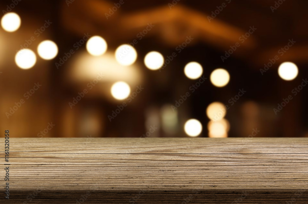 wooden table for placing products with a beautiful night restaurant backdrop, Space for placing items on the table, product and food display. wooden table for placing products with a beautiful night restaurant backdrop, Space for placing items on the table, product and food display.