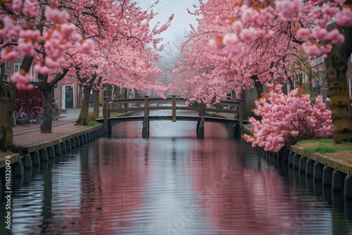 Serene view of a canal lined with blossoming pink cherry trees under soft morning light. photo