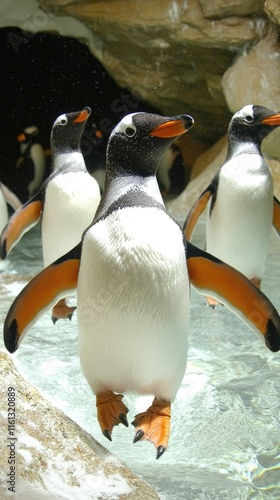 A group of penguins swimming in a clear pool, showcasing their playful nature. photo