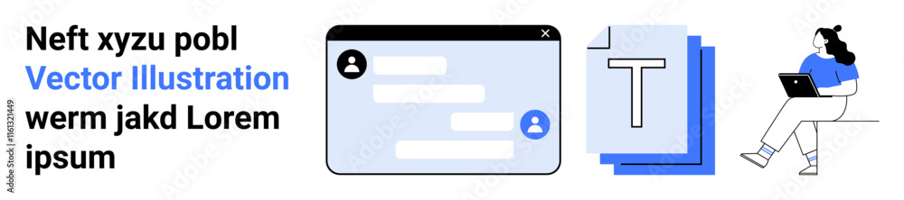 Computer screen with messaging app, document icon, and woman working on laptop. Ideal for remote work, digital collaboration, communication, productivity tools, online documentation, tech-savvy Computer screen with messaging app, document icon, and woman working on laptop. Ideal for remote work, digital collaboration, communication, productivity tools, online documentation, tech-savvy