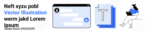 Computer screen with messaging app, document icon, and woman working on laptop. Ideal for remote work, digital collaboration, communication, productivity tools, online documentation, tech-savvy