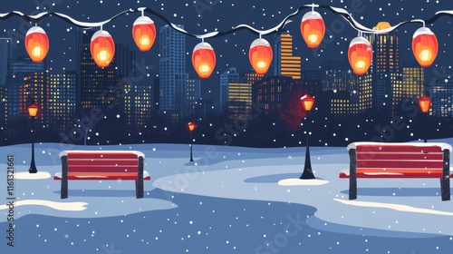 City winter park with snow-covered trees benches paths and lanterns against t...